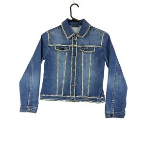 Guess Denim Jacket Womens 12 Blue Rhinestone Embellished Studded Trim Stretch